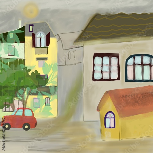 beautiful city landscape, several houses, tree, car