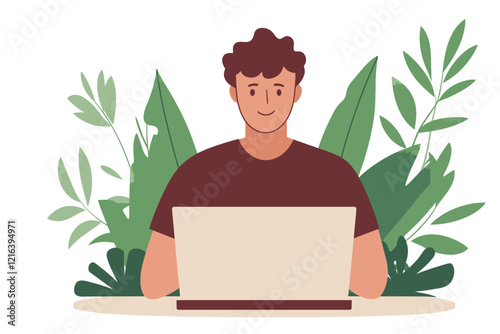 Man working on a laptop surrounded by lush green plants for an eco-friendly workspace