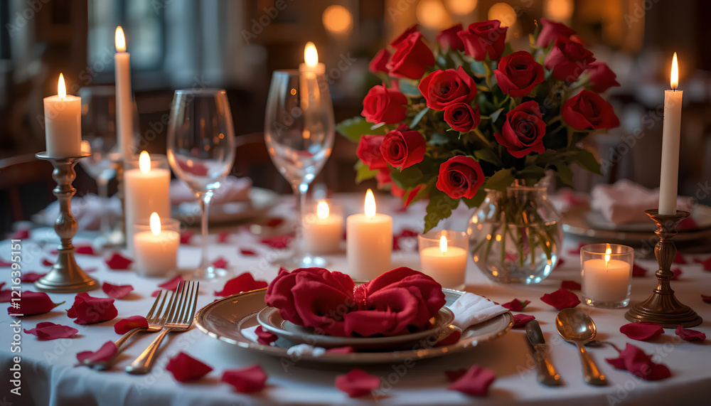 Romantic Dinner Table Setting with Wine, Roses, and Candlelight Romantic Dinner Table Setting with Wine, Roses, and Candlelight