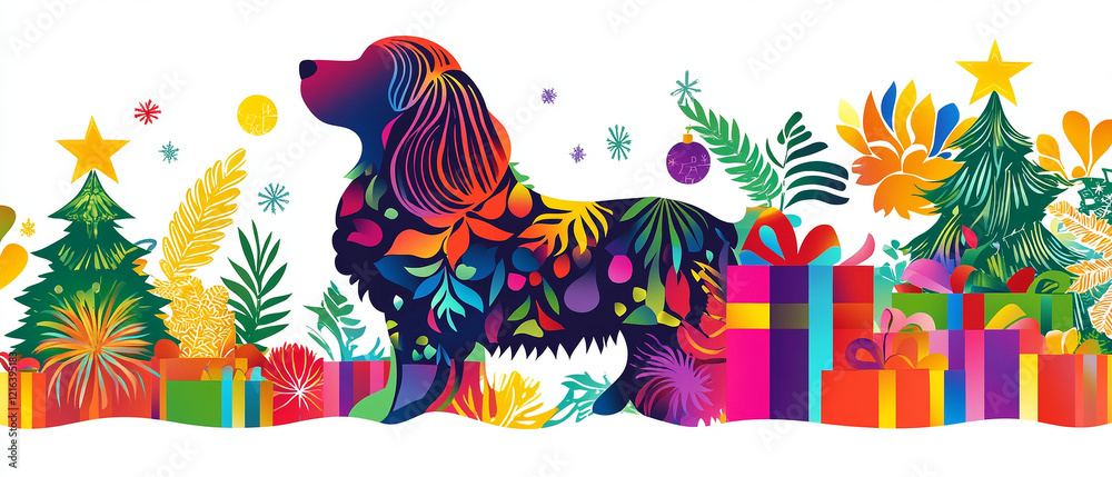 Fototapeta premium Charming English Cocker Spaniel Dog Surrounded by Festive Christmas Papercut Decorations Perfect for Holiday Cheer and Seasonal Joy in a Cozy Home Setting
