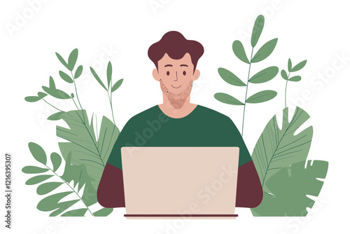 Happy man working on a laptop in a natural setting with green plants around