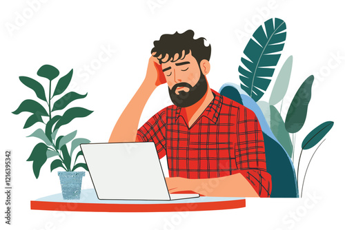 Tired man in a red shirt working on a laptop at a desk with green plants nearby
