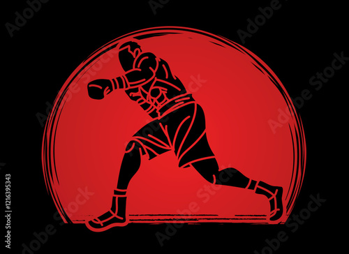 Silhouette A Man Boxing Kickboxing Muay Thai Boxer Punching Action Cartoon Sport Graphic Vector