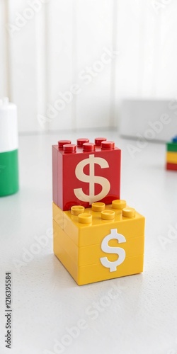 Colorful of 3D render of bricks with dollar sign on it. bricks to company growth ratio concept.