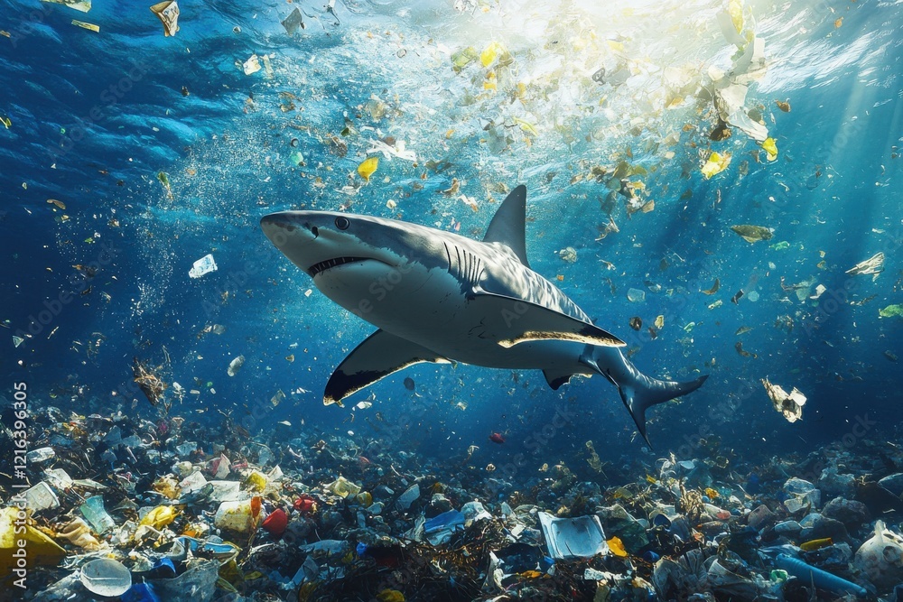 Fototapeta premium Shark Swimming Through Dense Trash in Ocean Depths