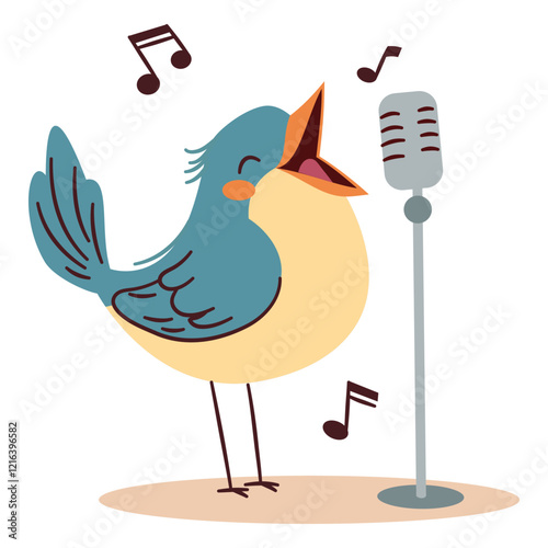 Flat vector illustration in a simple children's style. Cute bird singing into microphone, notes . Vector illustration