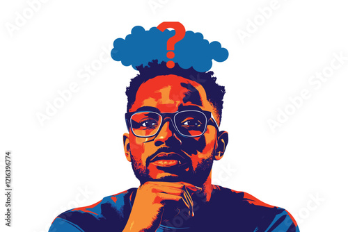 Curious man with glasses thinking deeply and a question mark above his head