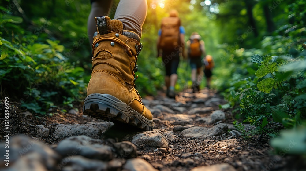 Join a group of hikers exploring a scenic forest trail, with a focus on a sturdy hiking boot symbolizing adventure and the joy of nature exploration