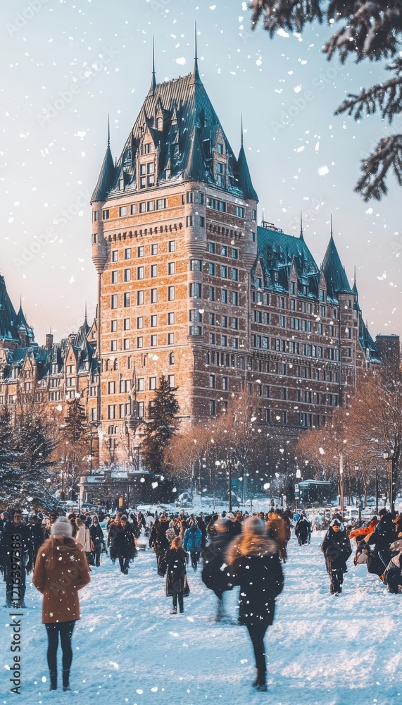 Fototapeta premium Winter Wonderland in Quebec City Historic Architecture and Tourists Enjoying Snowfall at Landmark