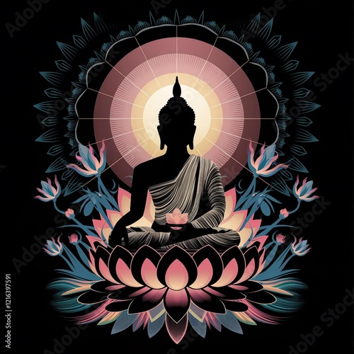 Artistic Buddha Silhouette on a Lotus with Radiating Light photo