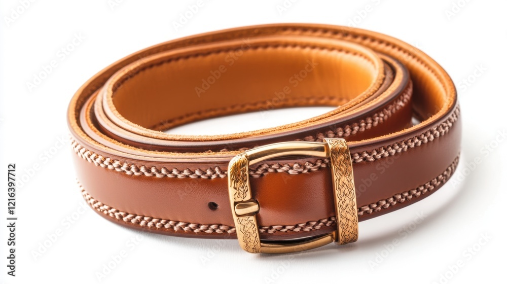 A high-quality leather belt with an elegant buckle, isolated on white for accessory branding. A high-quality leather belt with an elegant buckle, isolated on white for accessory branding.