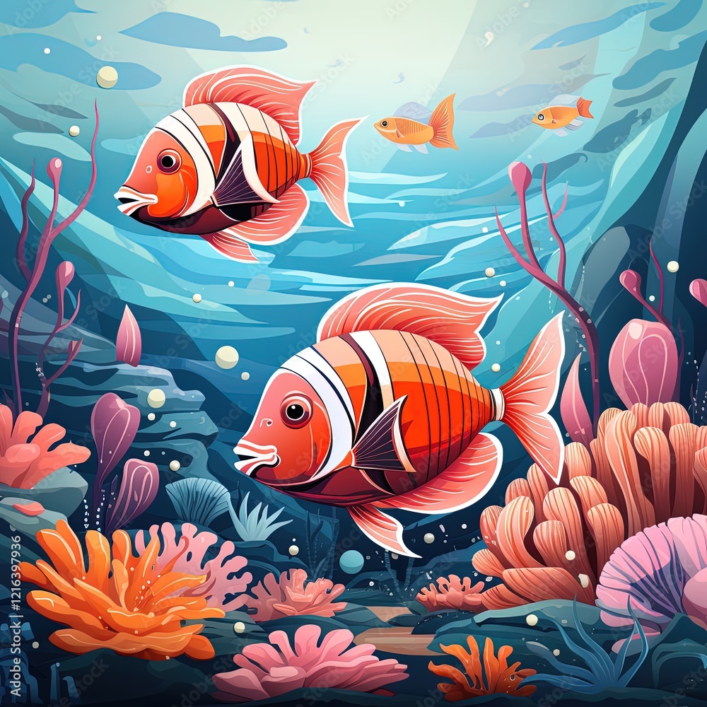 Naklejka premium Aquatic Life Depicted in a Flat Illustration of an Underwater Ocean