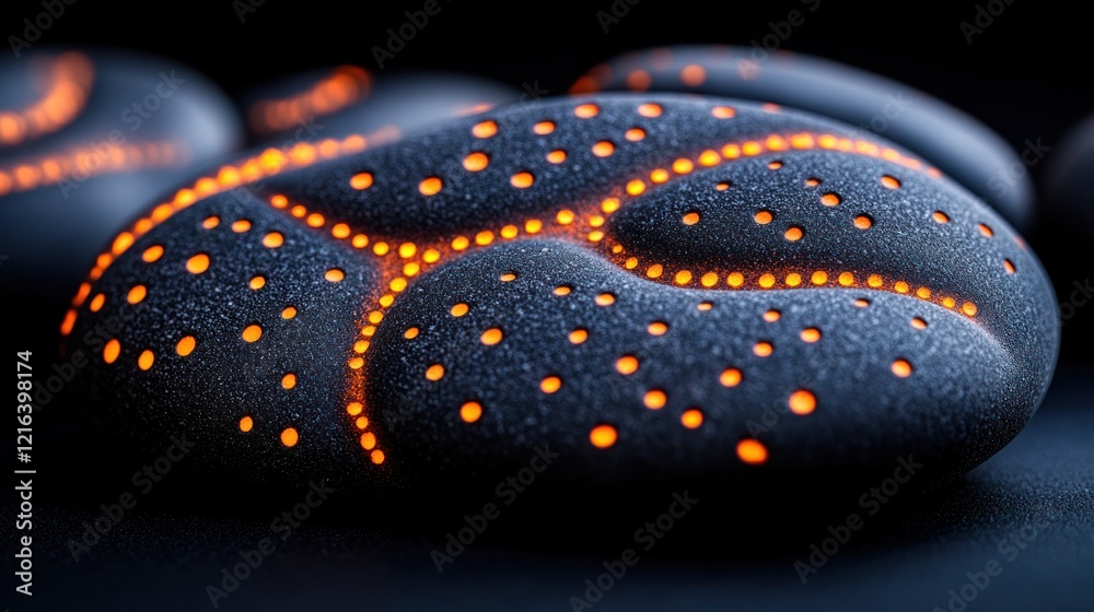 Glowing rock formations on dark surface, with other rocks in the blurred background. Glowing rock formations on dark surface, with other rocks in the blurred background.