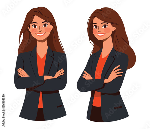 Cartoon-style depiction of a confident and happy woman in bold colors and formalwear.