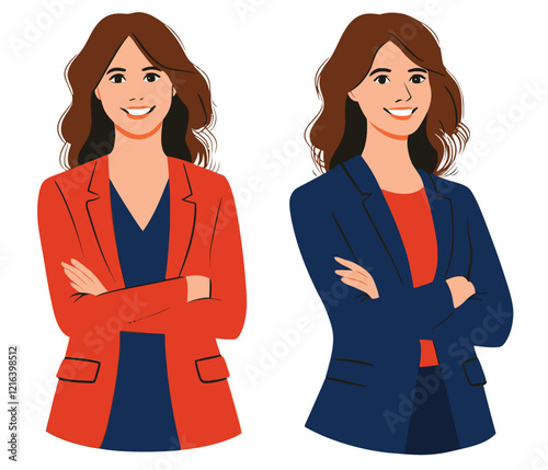 Modern professional woman smiling confidently with crossed arms and vibrant outfit.