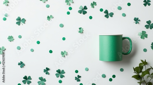 Wallpaper Mural Saint Patrick's Day party decoration with green theme including mug paper clover leaf and confetti on a white background Torontodigital.ca