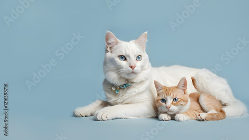 Adorable White Cat with Blue Collar and Orange Kitten Nestled Together on a Light Blue Background photo