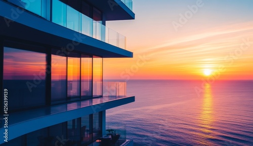 Modern skyscraper overlooking sunrise ocean. photo