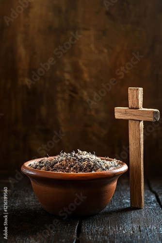 Bowl with ashes and wooden cross, symbolizing reflection and hum