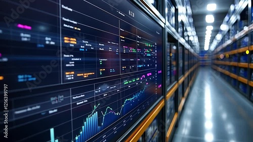 Data analytics dashboard in a modern data center showcasing real-time performance metrics