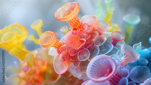 A close-up view of abstract mesmerizing organic sculpture, sea creature with bubbles in an underwater environment.