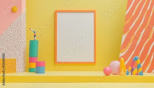 Vibrant Yellow Studio Still Life with Colorful Geometric Objects and Blank Canvas