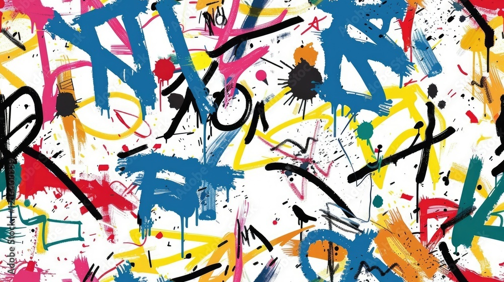 Obraz premium A vibrant abstract design featuring colorful graffiti-style brush strokes and splatters.