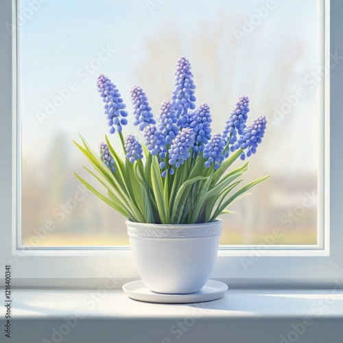 Wallpaper Mural Spring Muscari flowers in pot on windowsill, bright sunlit background, home decor Torontodigital.ca