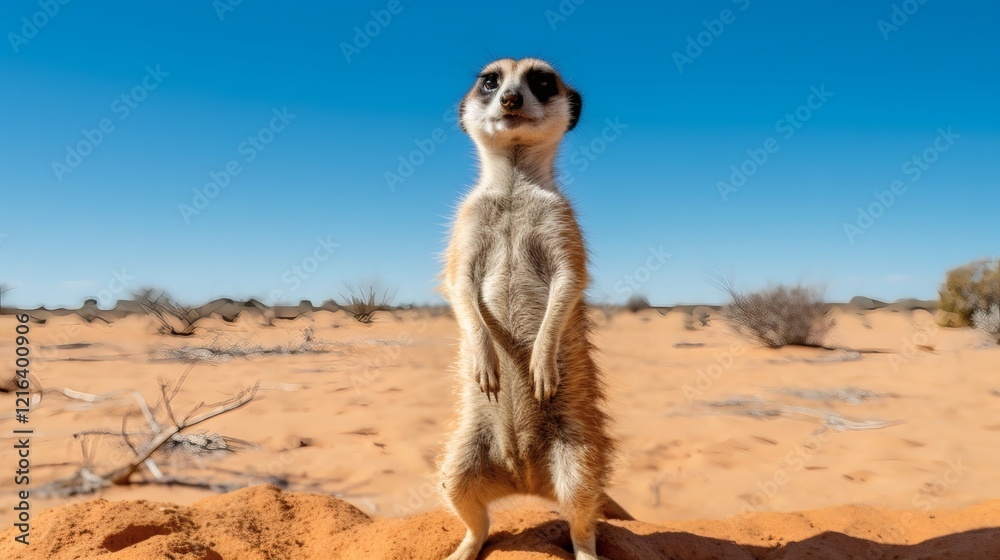 Curious meerkat gazes at surroundings in the sunlit desert at midday Curious meerkat gazes at surroundings in the sunlit desert at midday