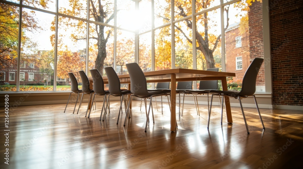 Modern Conference Room with Autumn Views Through Floor-to-Ceiling Windows Modern Conference Room with Autumn Views Through Floor-to-Ceiling Windows