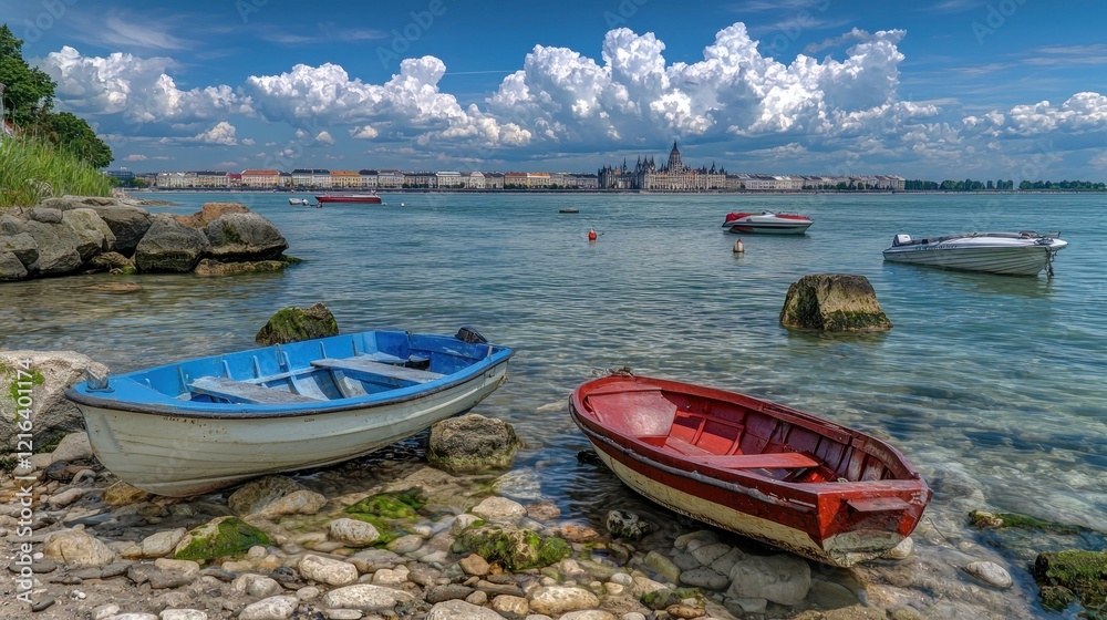 Boats, rocky shore, lake, city, summer, clouds, calm, serenity, vacation, travel Boats, rocky shore, lake, city, summer, clouds, calm, serenity, vacation, travel