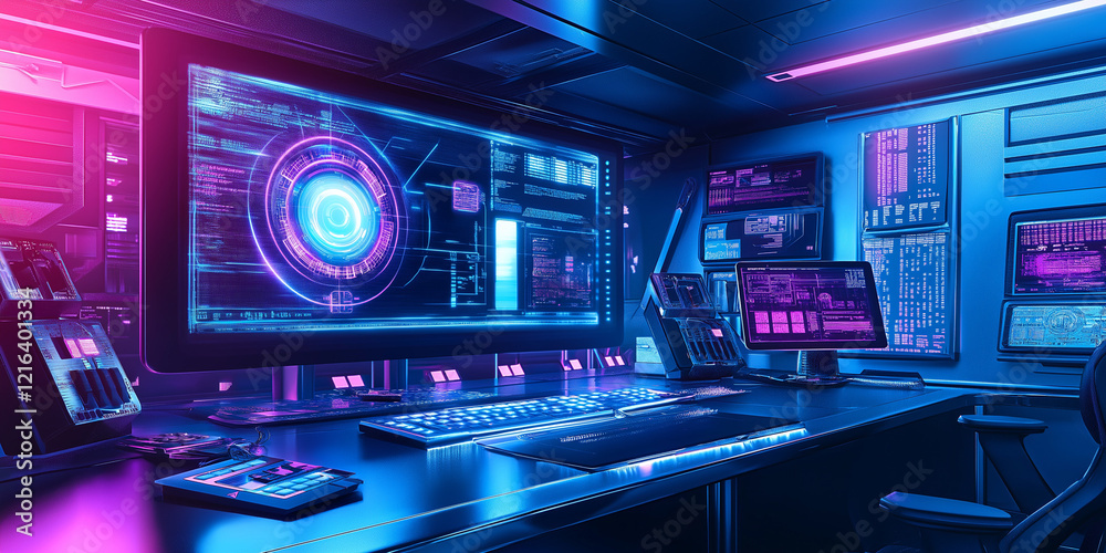 Neon Dynamics: Sleek Monitors, Vibrant Code, and Tech Chic
