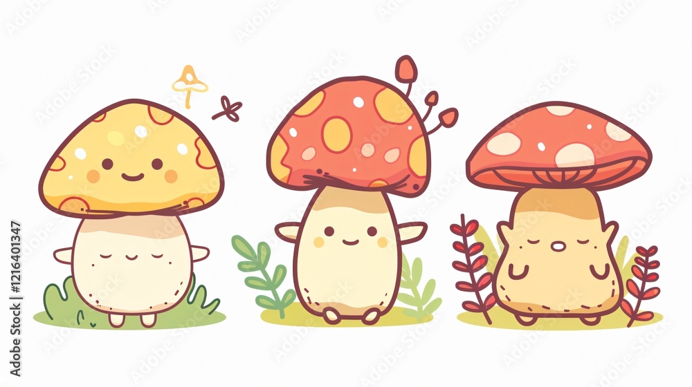 Fototapeta premium Charming Forest Mushroom Characters Set Isolated on White Background