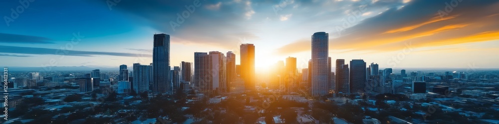 Vibrant Downtown City Skyline During Sunset with Orange Clouds, a Picturesque Urban Landscape Vibrant Downtown City Skyline During Sunset with Orange Clouds, a Picturesque Urban Landscape