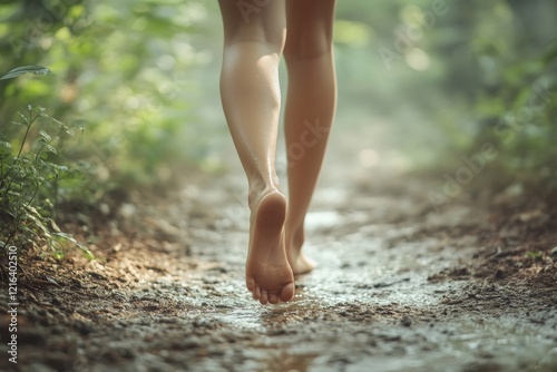 Woman walking barefoot on a muddy path in the forest
