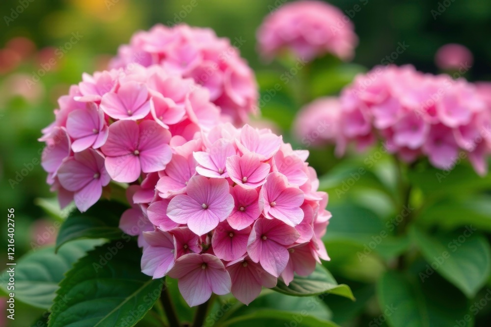 bunch of large pink hydrangeas in the garden with greenery, blossoms, cut bunch of large pink hydrangeas in the garden with greenery, blossoms, cut