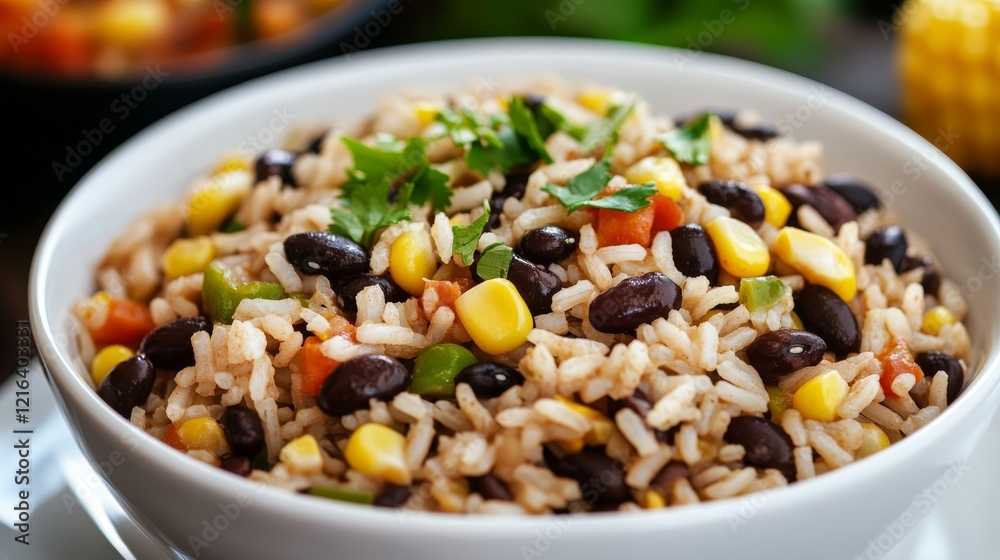 Close-up of a bowl of rice with black beans and corn on a modern white plate, emphasizing a healthy and colorful vegetarian meal. Perfect for health-focused recipes and food blogs. Close-up of a bowl of rice with black beans and corn on a modern white plate, emphasizing a healthy and colorful vegetarian meal. Perfect for health-focused recipes and food blogs.