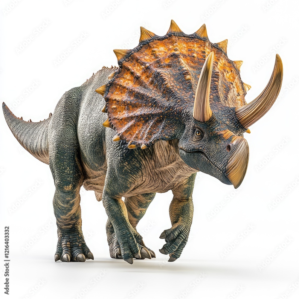 Fototapeta premium Triceratops dinosaur walking, prehistoric creature, isolated white background, educational illustration
