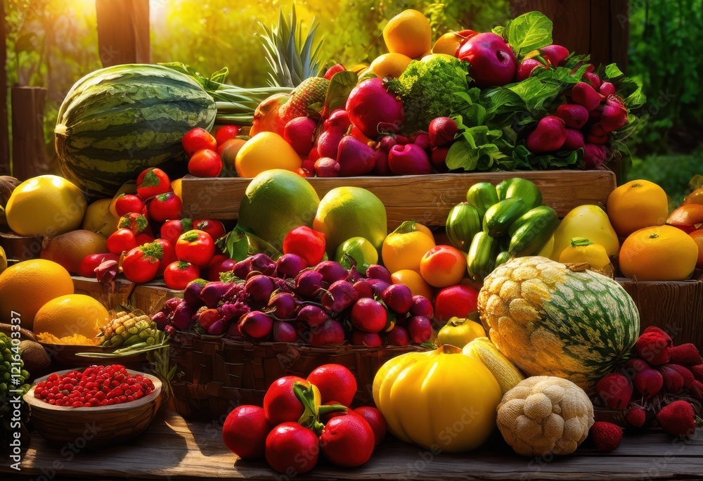 vibrantly colored fresh produce showcasing array textures delightful display fruits vegetables rustic marketplace table, appetizing, arrangement, basket vibrantly colored fresh produce showcasing array textures delightful display fruits vegetables rustic marketplace table, appetizing, arrangement, basket