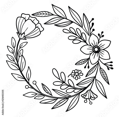 Hand-drawn sketch of wreath with flowers and leaves on it. delicate botanical element, wedding decoration, flower border, flower drawing, rat drawing, border drawing Transparent 