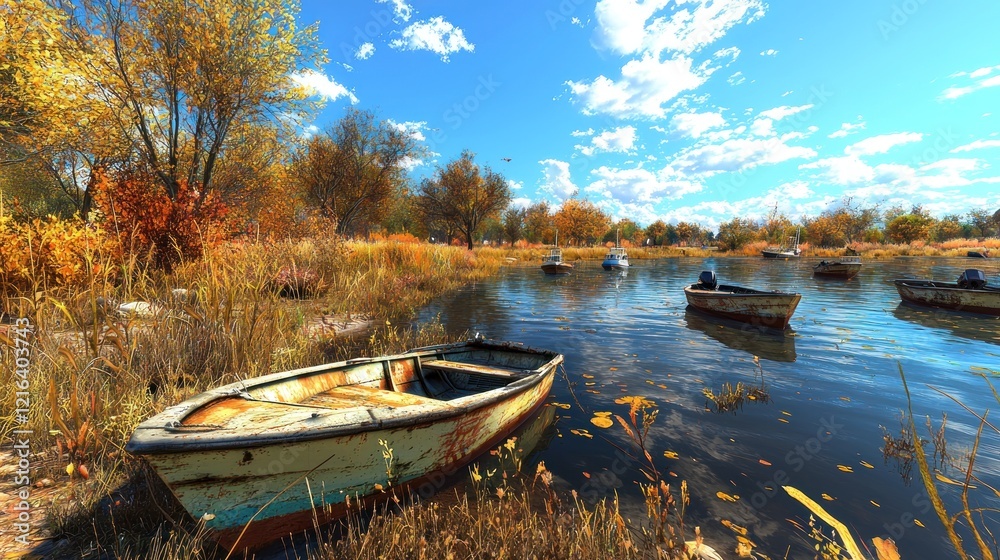 Autumn lake, old boat, tranquil scene, fall foliage, fishing boats Autumn lake, old boat, tranquil scene, fall foliage, fishing boats