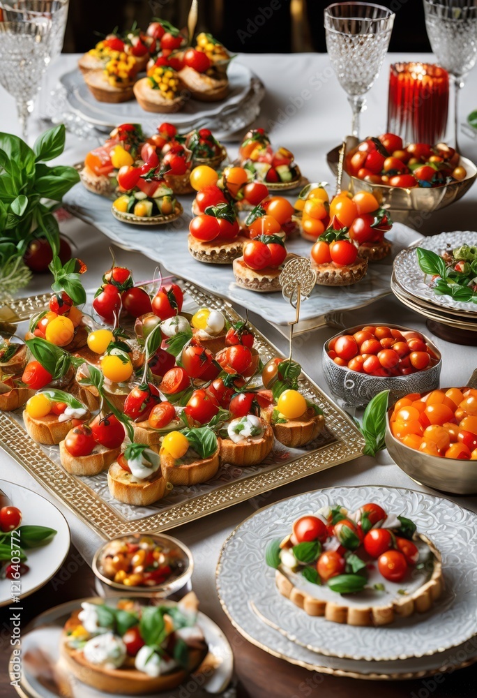 colorful vibrant appetizer spread artfully arranged elegant table setting decorative elements textures, food, design, layout, presentation, dishes, garnish colorful vibrant appetizer spread artfully arranged elegant table setting decorative elements textures, food, design, layout, presentation, dishes, garnish