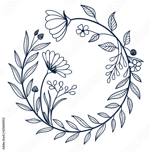 Hand-drawn sketch of wreath with flowers and leaves on it. delicate botanical element, wedding decoration, flower border, flower drawing, rat drawing, border drawing Transparent 