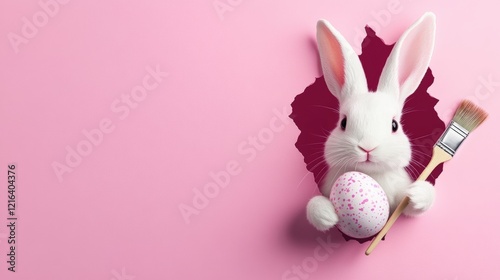 Easter Bunny Painter:  A playful white bunny peeks through a pink paper background, holding a paintbrush and an Easter egg. This charming image is perfect for Easter greetings, decorations.