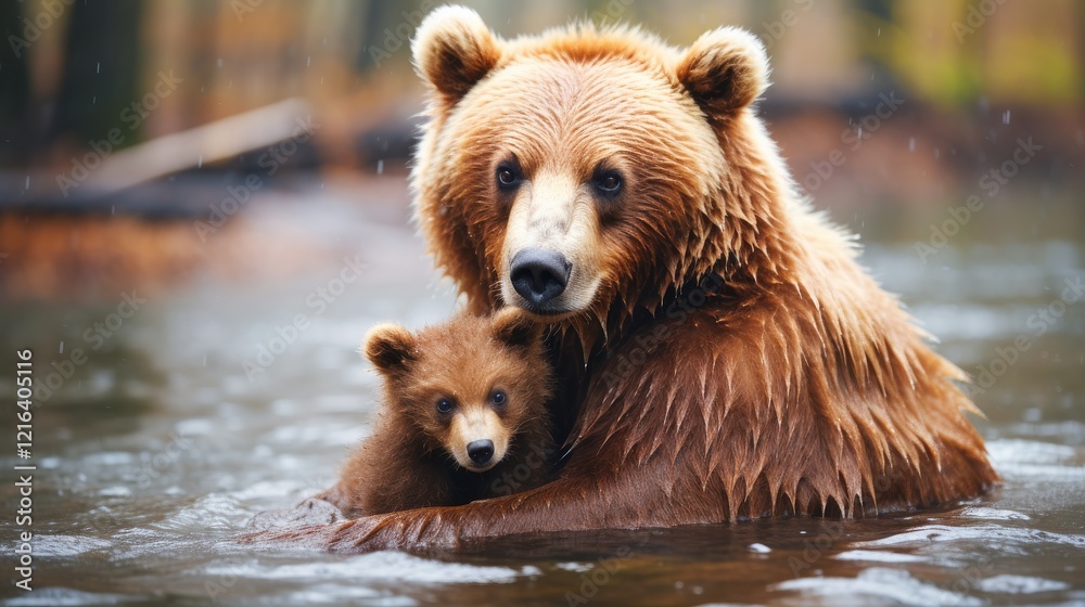 Obraz premium Grizzly bears enjoy a quiet moment in a serene forest pond during gentle rain. Generative AI