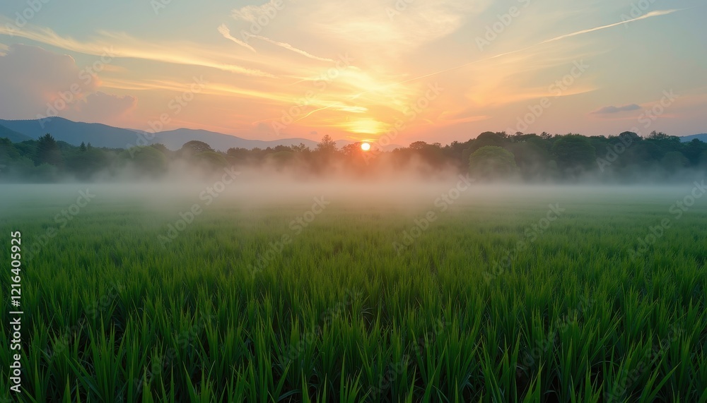 Obraz premium Serene Sunrise Over Lush Green Rice Field: Golden Hues and Vibrant Sky Colors