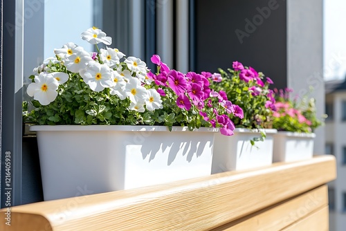 Colorful Balcony Flowers in White Pots
