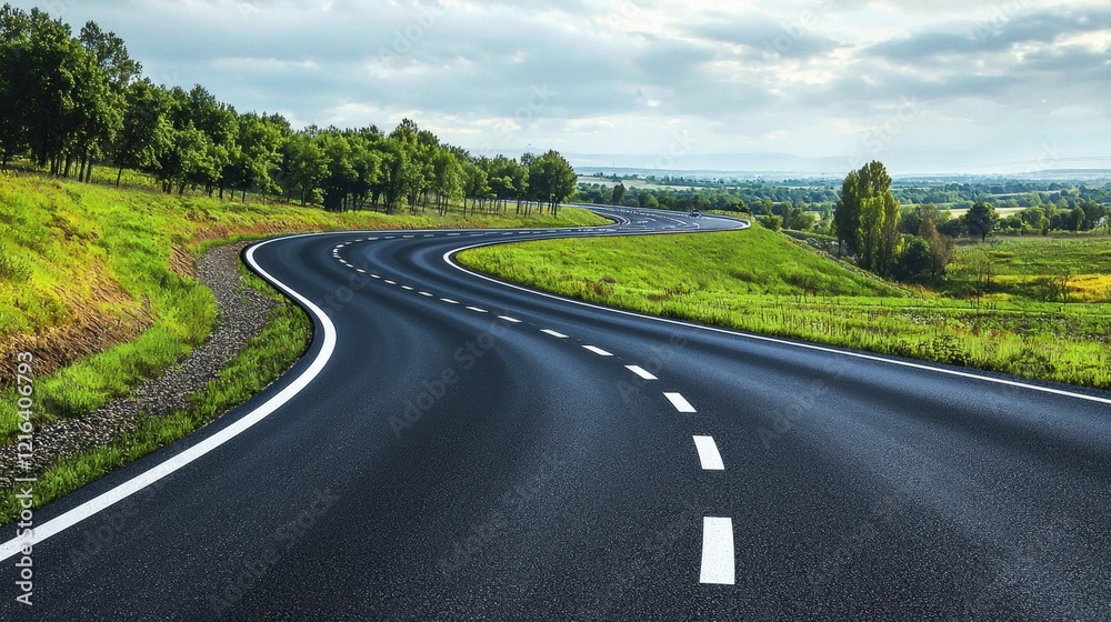 Fototapeta premium Winding country road through lush green landscape on a cloudy day