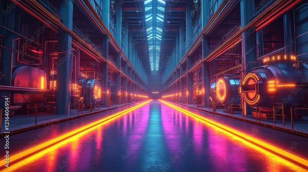 Obraz premium Futuristic industrial interior with neon lights and symmetrical architecture
