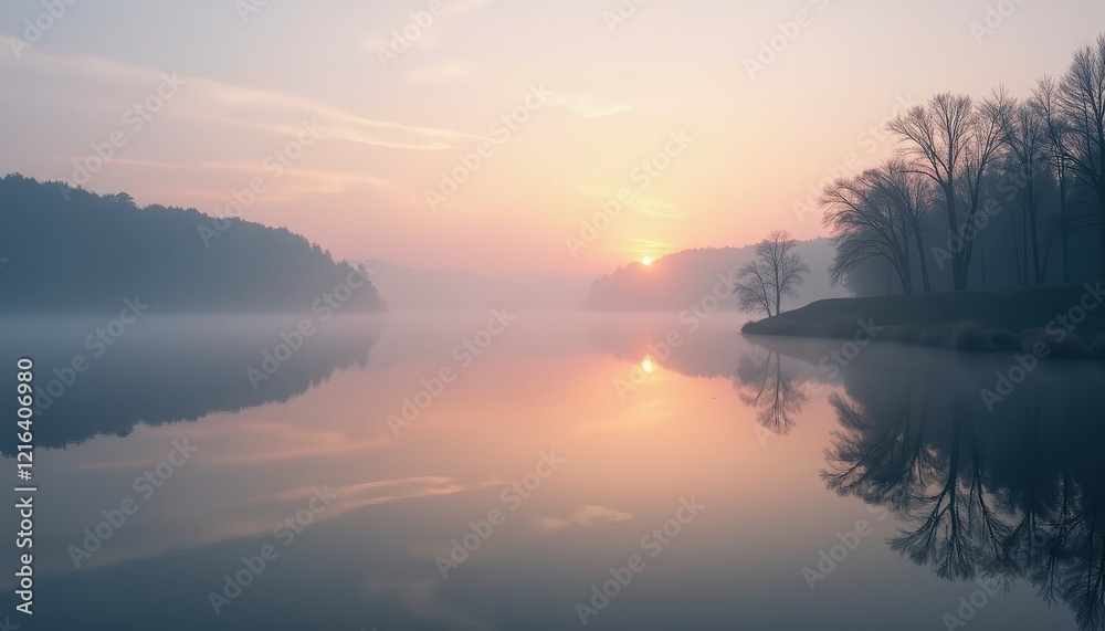 Obraz premium Serene Sunrise Over Misty Lake: High-Resolution Tranquil Scene